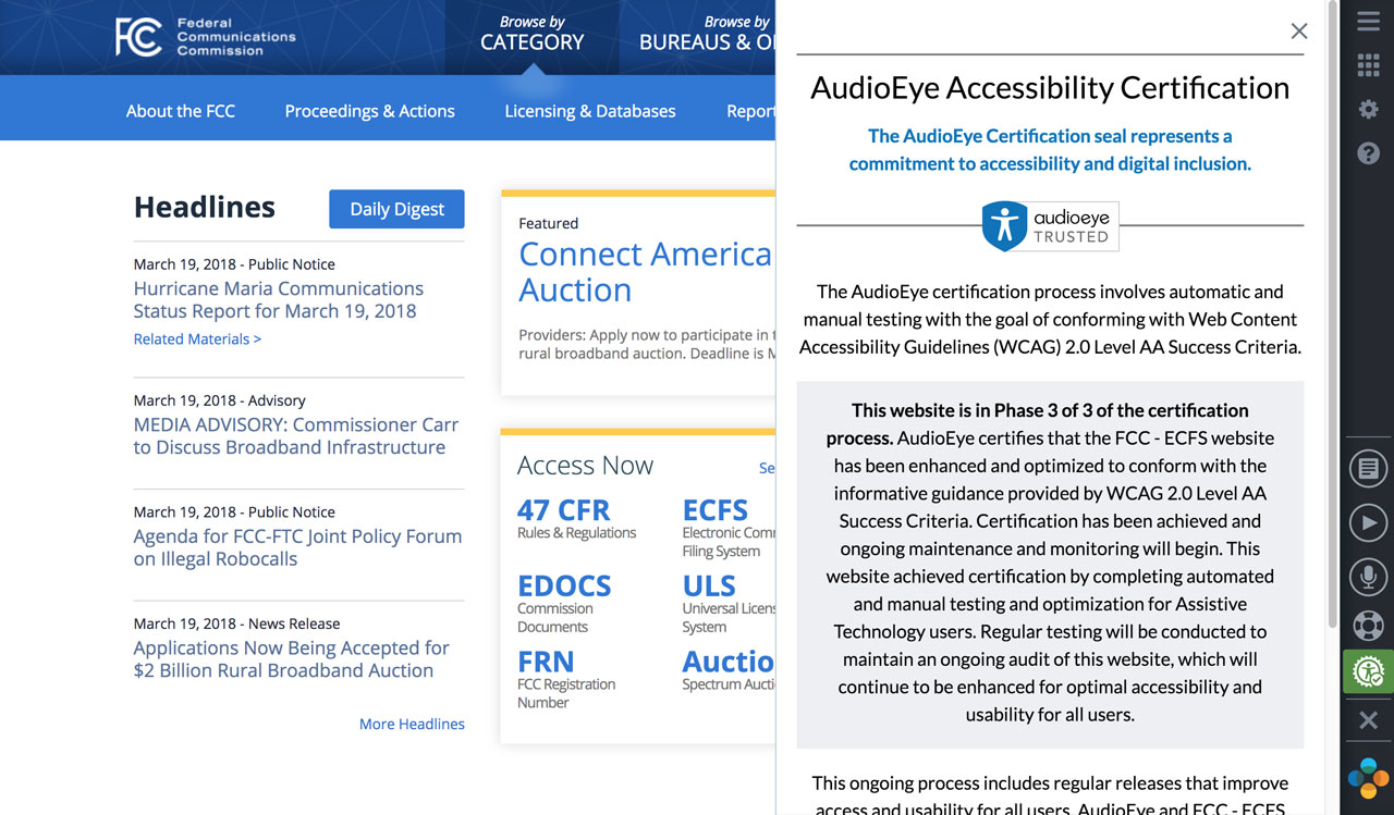 audioeye toolbar on fcc.gov