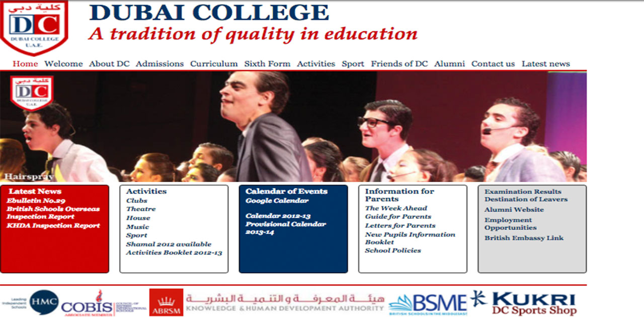 screenshot of dubai college's old homepage