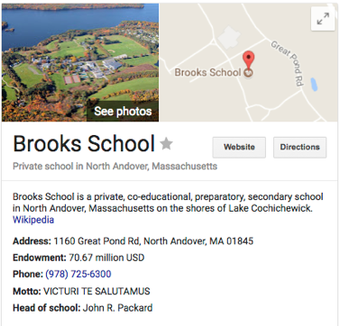 Brooks School Knowledge Panel on Google