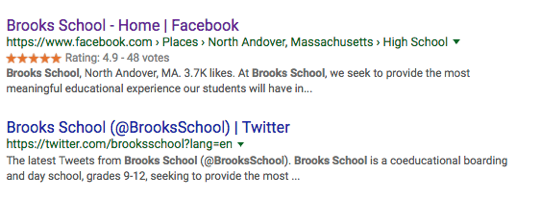 Brooks School Social Media Links on Google Search